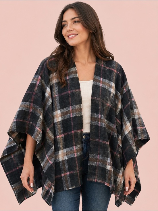 Modena Sweaters - Plaid Poncho Sweater